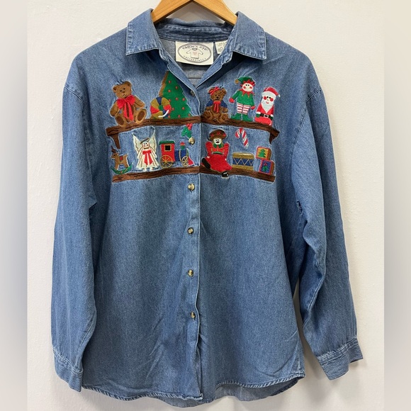 Eagles Eye Tops - Vintage Eagle’s Eye Holiday Denim Shirt Christmas Embroidery Button Down Large